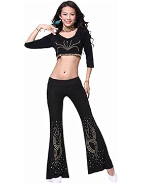 Danza del ventre Costume Set Bead Embroidery Top+Mercerized cotton lunga Pantaloni black