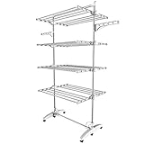 Leogreen - Etendoir à Linge, Séchoir à Linge, 4 étagères, Blanc, avec Ailes et Barre supérieure, Matériau: Tubes en Acier Inoxydable, Nombre de Barres: 32