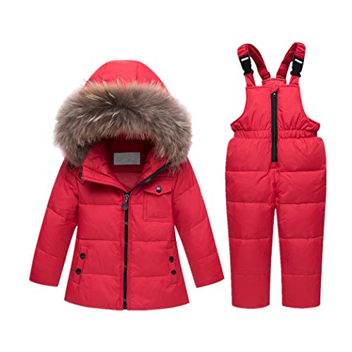 Infant Bib Pant Kids Snowsuit - Toddler 2-Piece Long Sleeve Down Jacket Winter Outerwear Warm Hoodie Jumpsuit (90-120CM)