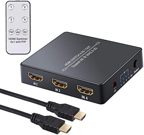 LiNKFOR 4 IN 1 OUT HDMI 1.4 Switch with PIP Function 4K 3D HDCP 1.4 HDMI Switcher HDMI Hub with IR Remote with 3 feet HDMI Cable Compatible with Blue-ray DVD PS3 PS4 TV Box Laptop Projector HDTV Etc