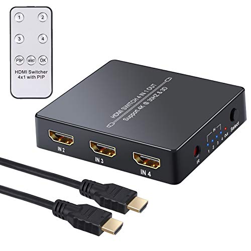 LiNKFOR 4 IN 1 OUT HDMI 1.4 Switch with PIP Function 4K 3D HDCP 1.4 HDMI Switcher HDMI Hub with IR Remote with 3 feet HDMI Cable Compatible with Blue-ray DVD PS3 PS4 TV Box Laptop Projector HDTV Etc