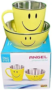 Perpetual Bliss Fancy Stainless Steel Smiley Mug with Bowl for Kids|Shakes|Juices|Coffee|Birthday Return Gifts