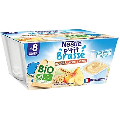 Nestlé Bébé P'tit Brassé BIO - Coupelle Lactée Muesli Pêche, Banane - Dès 8 mois 4x90g - Lot de 6