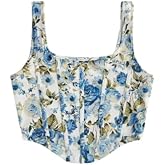 JINJIN FASHION Floral Print Corset Crop Top, Blue Rose Pattern, Sleeveless Tank Top with Wide Straps