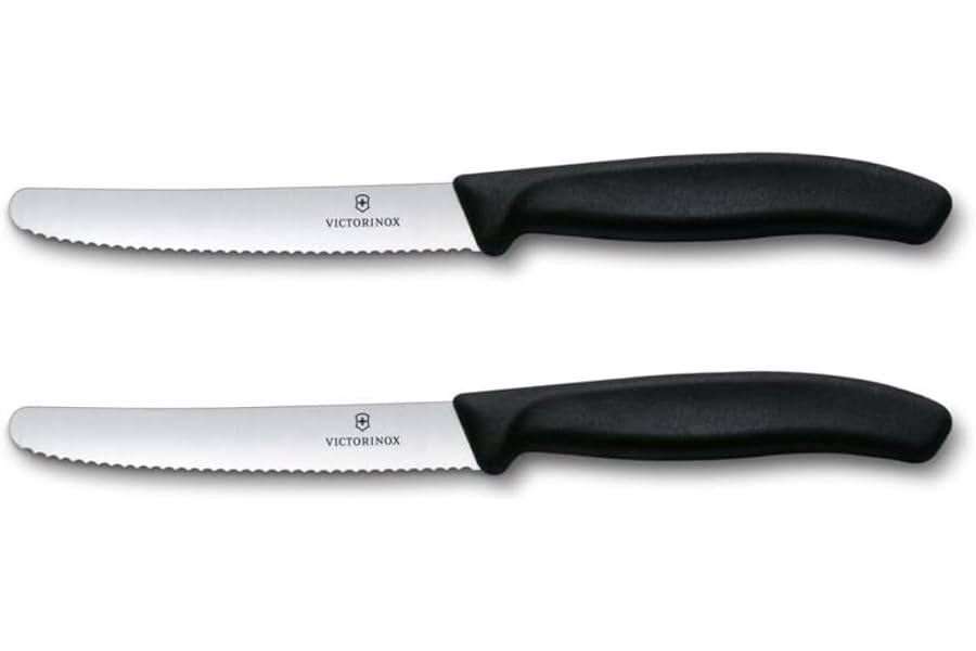 Victorinox Swiss Classic, Breakfast Knife, Bread roll Knife, Sharp Blade, Serrated Edge, 11 cm, Plastic Handle, Stainless Steel, Set of 2, Black