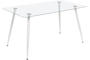 MOG CASA Mesa de Comedor Fija Rectangular Beale | 160 x 80 x 75 cm | Ideal para Cocina o Salón | Materiales Resistentes | Tablero Transparente de 10 MM de Espesor | Patas de Metal en Blanco