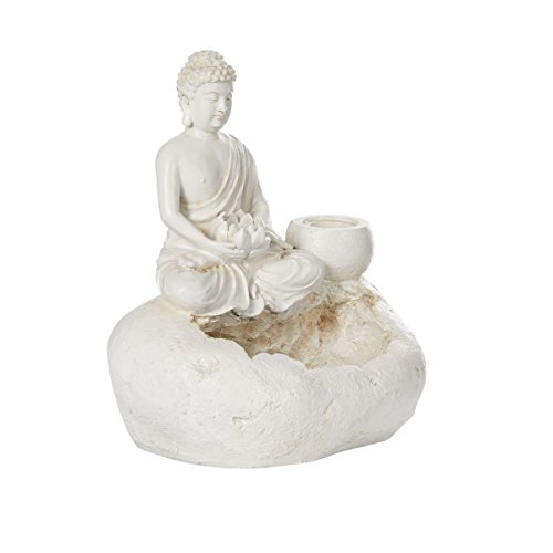 miaVILLA Zimmerbrunnen Buddha mit Teelichthalter Polyresin Weiß Höhe 38 cm - 3