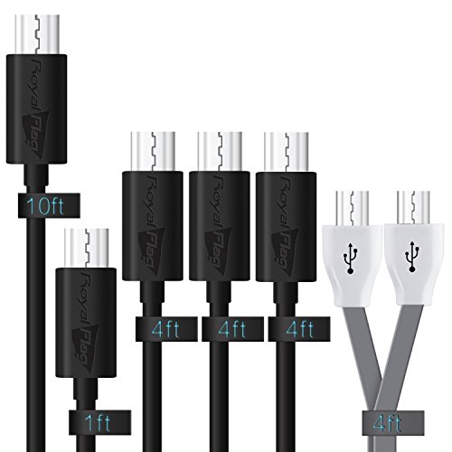 Royal Flag 6-teiliger Premium-Kabelsatz MicroUSB auf USB 2.0 zum Laden und Synchronisieren,Passend für alle Android-Smartphones (Samsung, HTC, LG, Sony, Blackberry, etc.), Tablets, Musikplayer, Lautsprecher, E-Books sowie andere Geräte mit MicroUSB-Anschluss