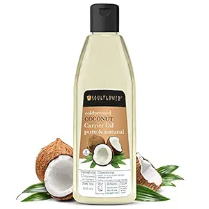 Soulflower Extra Virgin Coconut Carrier Oil-Pure, Cold-Pressed, Organic and Natural| Hair & Skin Moisturization, Face & Body Massage| Nariyal/ Khopara| Ecocert Cosmos Organic Certified, 225ml