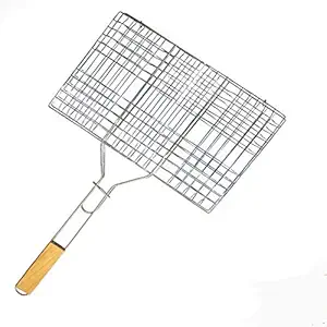 Yorten Stainless Steel Portable Barbecue BBQ Grill Net Basket Roast Grilling Tray Chromium Plated with Wooden Handle