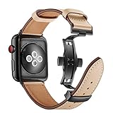 HappyTop Designer-Armband Ersatz für Apple Watch 1/2/3 Wasserdicht Echtleder Armband iWatch Bands Schmetterling Schnalle, Unisex, Silver+ Black Band, 42mm