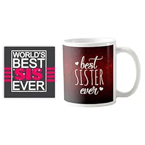 Hopcara Ceramic Best Sister Ever Mug, Coaster Raksha Bandhan Combo for Sister (Multicolor, 330 ml) - Set of 2