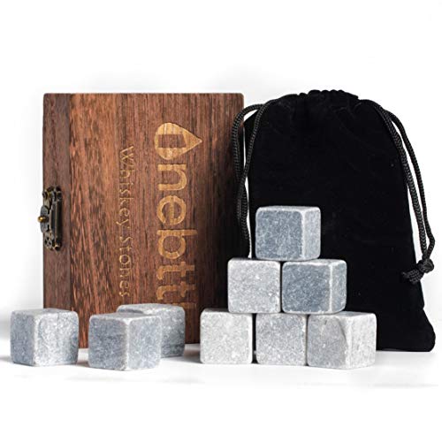 Onebttl Pietre Whiskey Premium per Raffreddare Whisky Vino e Altre Bevande cubetti di Ghiaccio Riutilizzabile Set da 9 Pezzi Grigio saponaria con Elegante Scatola in Legno & Tasca in Velluto