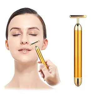 Hidelliya T-Shaped Gold Energy Beauty Bar Electric Facial Massage for Forehead Cheek Neck Clavicle Arm Leg (Gold Colour)