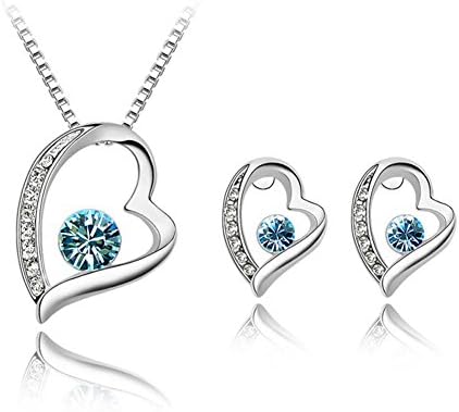 Fashion Womens Jewellery Crystal Diamond Heart Pendant Necklace and Earrings Studs Set 18K White Gold Plated (Blue)