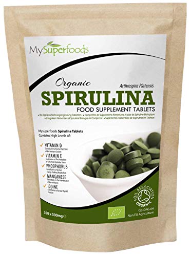 Tabletas Orgánicas De Spirulina (300 tabletas x 500mg), MySuperFoods, Repletas de proteína, calcio y vitaminas, Rica en nutrientes, certificado como producto orgánico por el Soil Association.
