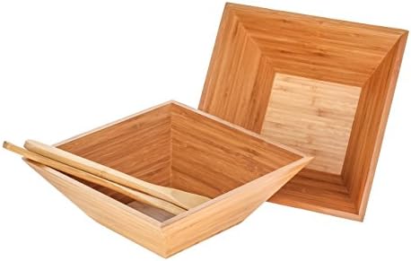 Heim ConceptBamboo Salad Bowl 4 PC Set w/Serving Hands, 2 Square Bowls & Pair Salad Servers Eco-Friendly BPA Free