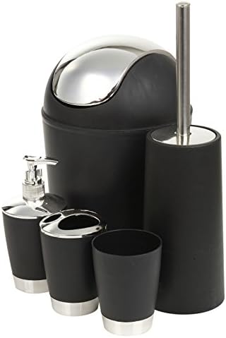 EGT 5 Piece Bathroom Matching Accessory Set Black/White Dustbin Toilet Brush Soap