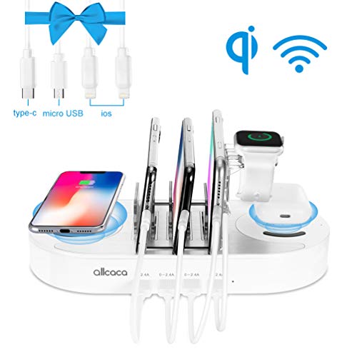 allcaca Station de Charge Chargeur USB Multiples 10W Charge à Induction sans Fil Chargeurs de Bureau pour iPhone Airpods iPad Samsung Huawei Smartphones, Regarder Le Stand et 4 Cables Inclus, Blanc