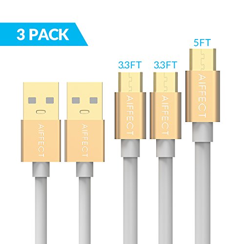 AIFFECT 3 Pack High Speed Micro USB 2.0 Cable Sync Data and Charging Cord for Samsung, HTC, Motorola, Nokia, Android, and More 5Ft (2x 3.3Ft, 1x 5Ft, Gold)