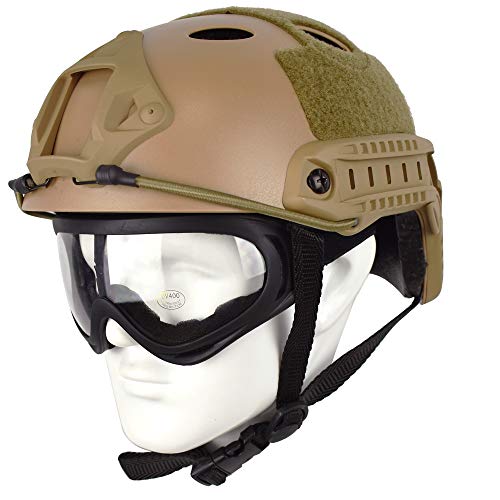 QHIU Tactique Type de Fast PJ Protecteur léger de Casque Combat pour SWAT Airsoft Paintball CS et Lunettes(DE)