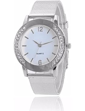 FEITONG Damenuhr Mode Kristall Silber Edelstahl Band Analoge Quarz Armbanduhr