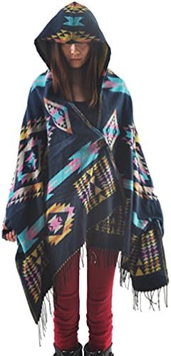 ZKOO Womens Hooded Tassels Cape Bohemia Long Geometric Pattern Shawl Poncho Imitation Wool Cloak Warm