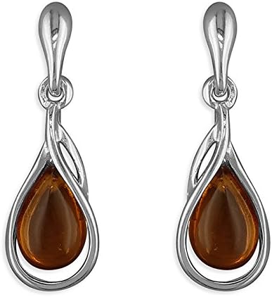 Sterling Silver Earring Cognac amber teardrop swoop drop