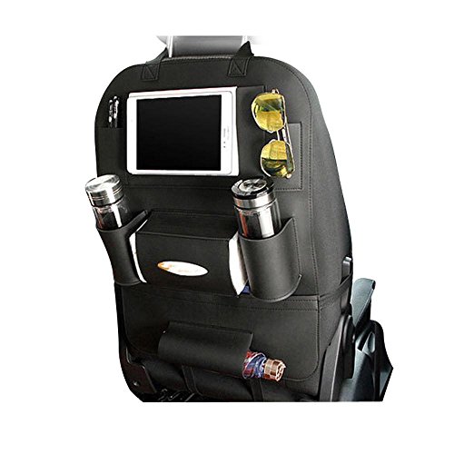 KOBWA Auto-Rückenlehnenschutz+ IPad/Tablet Fach, PU-Leder Organizer Rücksitztasche Kick-Matten-Schutz für Telefon / Tissue-Box / Umbrella / Kinder-Spielzeug / Flaschen (Schwarz)