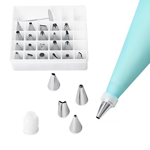 Oria Kuchen Spritztüllen Set, Professionelle 26 Stück Kuchen Einrichtungstipps, Hochwertigen Edelstahl Sahnehäubchen Rohrleitungen Düsen Gebäck Tipps mit 1 Wiederverwendbare Silikon Sahnehäubchen Tasche + 1 Standard Koppler + 1 Blume Nagel