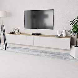 Festnight 2 pcs Meuble TV Banc TV en Aggloméré avec Rangement 120 x 40 x 34 cm Chêne et Blanc Brillant