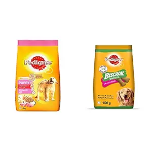 Pedigree Puppy Dry Dog Food, Chicken & Milk, 1.2kg Pack and Biscrok Biscuits Dog Treats (Above 4 Months), Milk and Chicken Flavor, 500g Pack