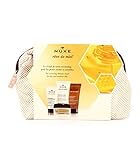 Neceser de viaje de Nuxe Reve de Miel compuesto por Balsamo para el rostro ultrareconfortante 15 ml, Gel limpiador dermatologico para cara y cuerpo de 30 ml, Exfoliante corporal goloso y nutritivo 30 ml y Crema de manos y uñas de 30 ml , todos de la gama Reve de miel.