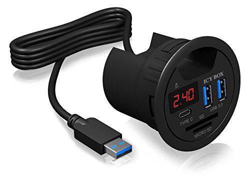 Icy Box IB-Hub1404 Tisch-Hub (60 mm) zum Einbau, 2x USB 3.0, 1x Type-C, Ladefunktion, SD-Kartenleser, LED-Display, Kabeldurchführung, schwarz