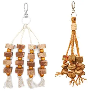 CONODIA Handmade Hanging Cocoanut Coir Rope with Natural Wooden chew Play Toy for Birds (Combo of 2)