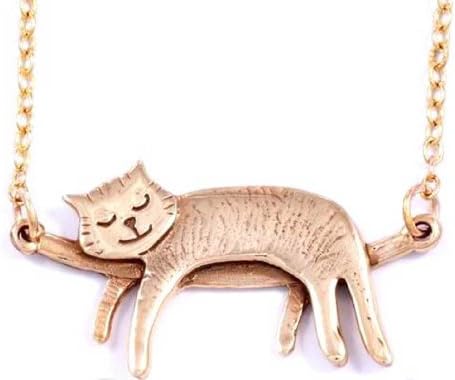 St Justin, Bronze Sleeping Cat Necklace Gold Plated Chain 18"
