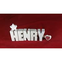 Beton, Steinguss Buchstaben 3D Deko Namen HENRY mit Stern und Herzklammer als Geschenk verpackt! Ein ausgefallenes Geschenk zur Geburt, Taufe, Geburtstag, Namenstag oder auch zu Weihnachten!