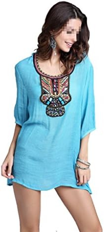 FANOVI Women's Embroidered Tunic Shirt Blouse 3/4 Sleeve Loose Bohemian Tops One Size (One Size, Aqua blue)