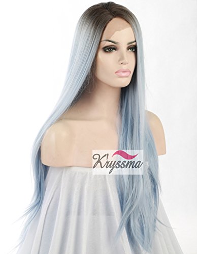 K’ryssma Women’s Straight Blue Ombre Hair Dark Roots Long Synthetic Lace Front Wigs Half Hand Tied Heat Safe 24 inches - 3