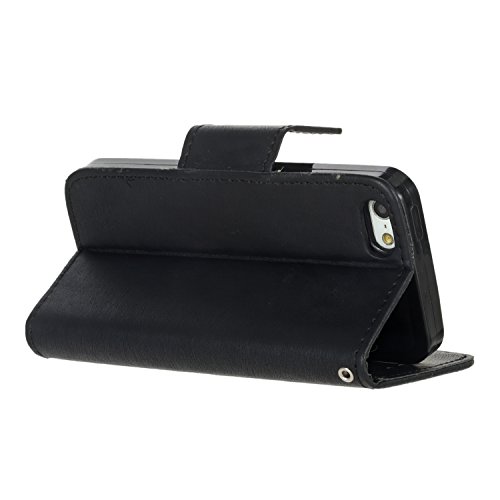 iphone 5 / 5S / SE Hülle – Cozy Hut Premium Luxuriös PU lederhülle Schutzhülle Lanyard/Strap Vintage-Leder Muster Hülle Flip Tasche Wallet Case Cover HandyHülle Brieftasche mit Standfunktion Kreditkartenfach Flip Brieftasche Schutzhülle im Bookstyle für iphone 5 / 5S / SE [Vollständigen Schutz] – schwarz - 5