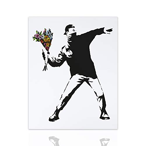 Quadro Arredamento Moderno Dipinto su Tela Flower Thrower - Banksy Canvas Guerrilla Art Telaio realizzato a Mano Pronto da appendere Arredo Casa Design - Colorscrazy