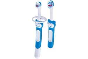 EBEET Mam Learn To Brush Zahnbürsten-Set für Kinder mit langem Griff, 5 Monate, hellblau