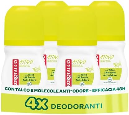 Borotalco, Deodorante Roll-On Attivo Giallo, Talco con Molecole Anti-Odore, Efficacia Fresca, 48h efficacia, Senza Alcool, Profumo di Cedro e Lime - 4 Pezzi da 50 ml - Esclusiva Amazon