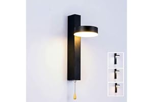 Sarikom Led Wall Light 9W Tricolor Selectable with Pull Cord Switch 360° Rotatable Indoor Led Wall Lighting Fixture for Living Room Bedroom Kitchen Black