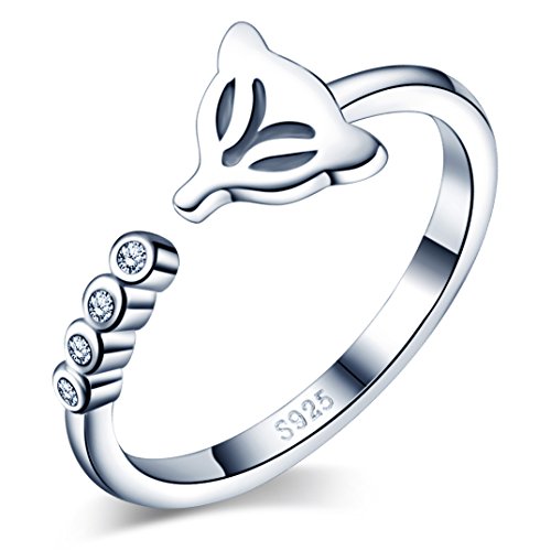 Unendlich UInfinite U Cute Fox 925 Sterling Silver Cubic Zirconia Girls Band Ring Open Ring, Adjustable Size M-P
