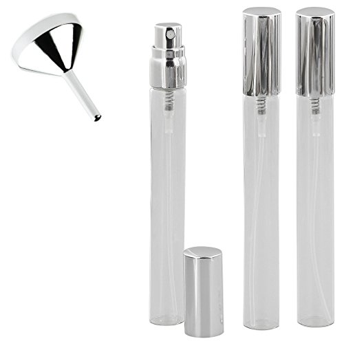 Glas-Flakon, Parfüm-Zerstäuber 10ml, schlank, Kosmetex Parfüm und Colognes, Pumpflasche, leer, 3 x silber + Trichter