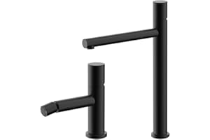 INBAGNO Set miscelatori lavabo alto e bidet nero opaco senza leva in acciaio inox, manopola rotante e indicatori per l’acqua, GEMINI