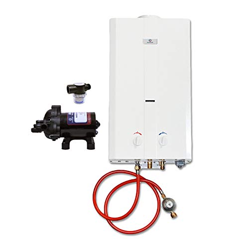 EccotempCE-L10 Portable Outdoor Water Heater w/EccoFlo Diaphragm 12V Pump and Strainer, 37 mbar