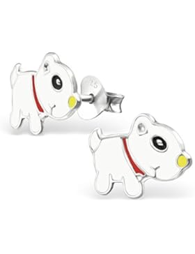 Bungsa© .925 Silber Kinder Ohrstecker Bunter Hund (Ohrringe Echtschmuck Studs Ohrschmuck Jungen Mädchen)