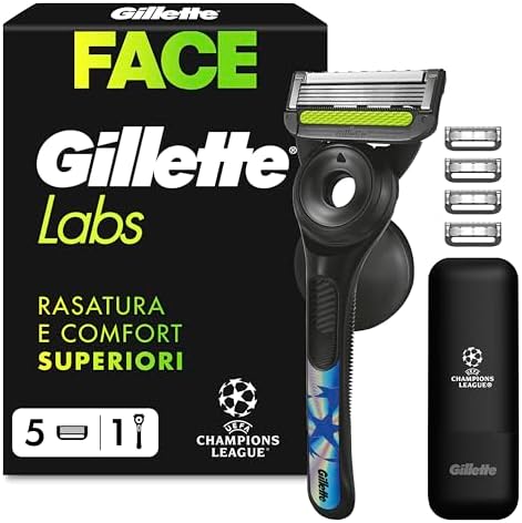 Gillette Uefa Champions League Special Edition Gillettelabs Rasoio a Mano Libera con Barra Esfoliante Champion Gold Edition, 1 Manico + 5 Lamette di Ricambio, Gancio da Parete e Custodia da Viaggio
